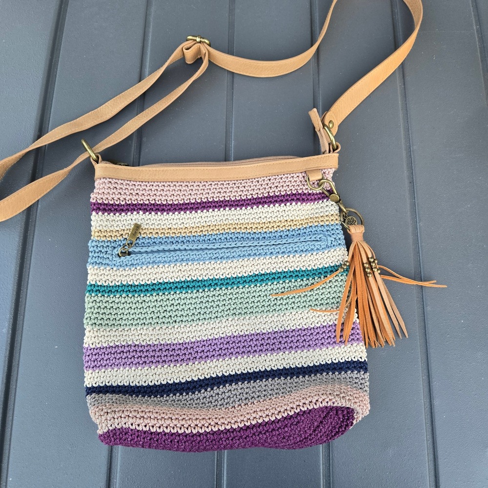 The Sak Crochet Striped Crossbody Bag Multi-Color Tassel Boho Purse